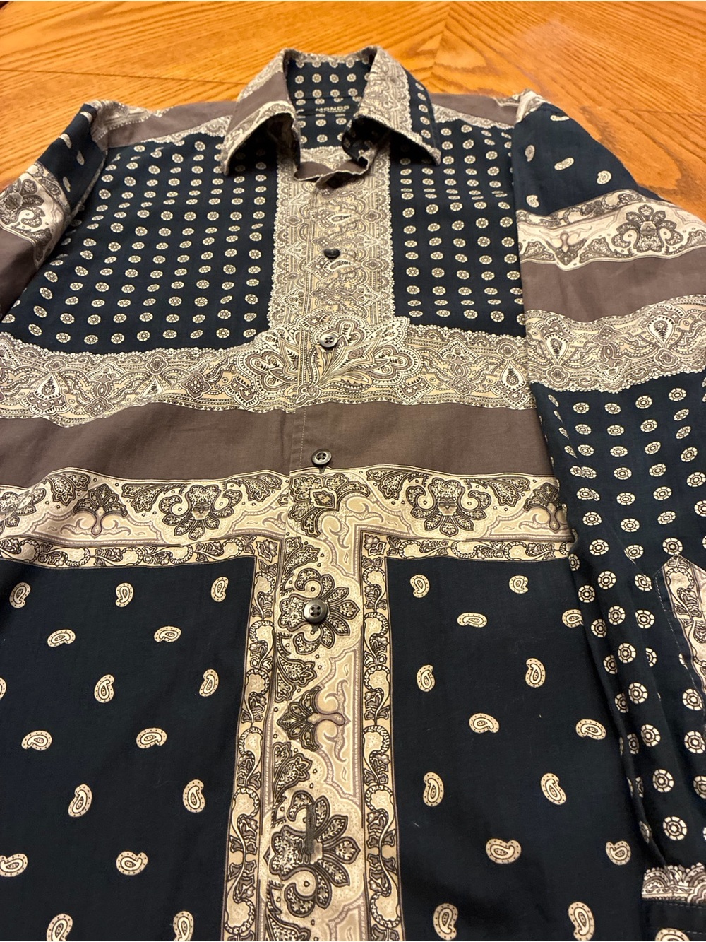 Mondo Di Marco Men's Paisley Patchwork Button-Up Shirt in Black and Brown vtg - Picture 7 of 10